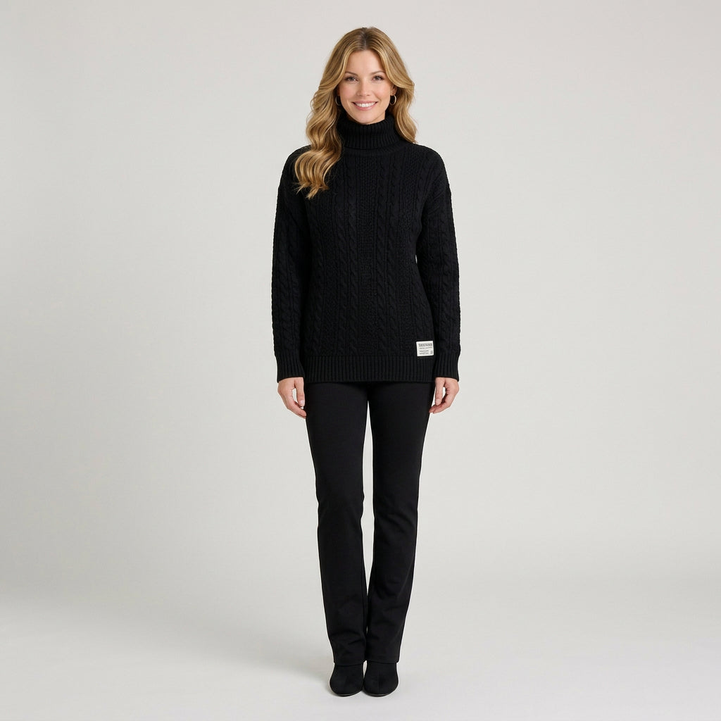 Women’s Cable Knit Turtleneck Sweater – Chunky Ribbed Hem Pullover