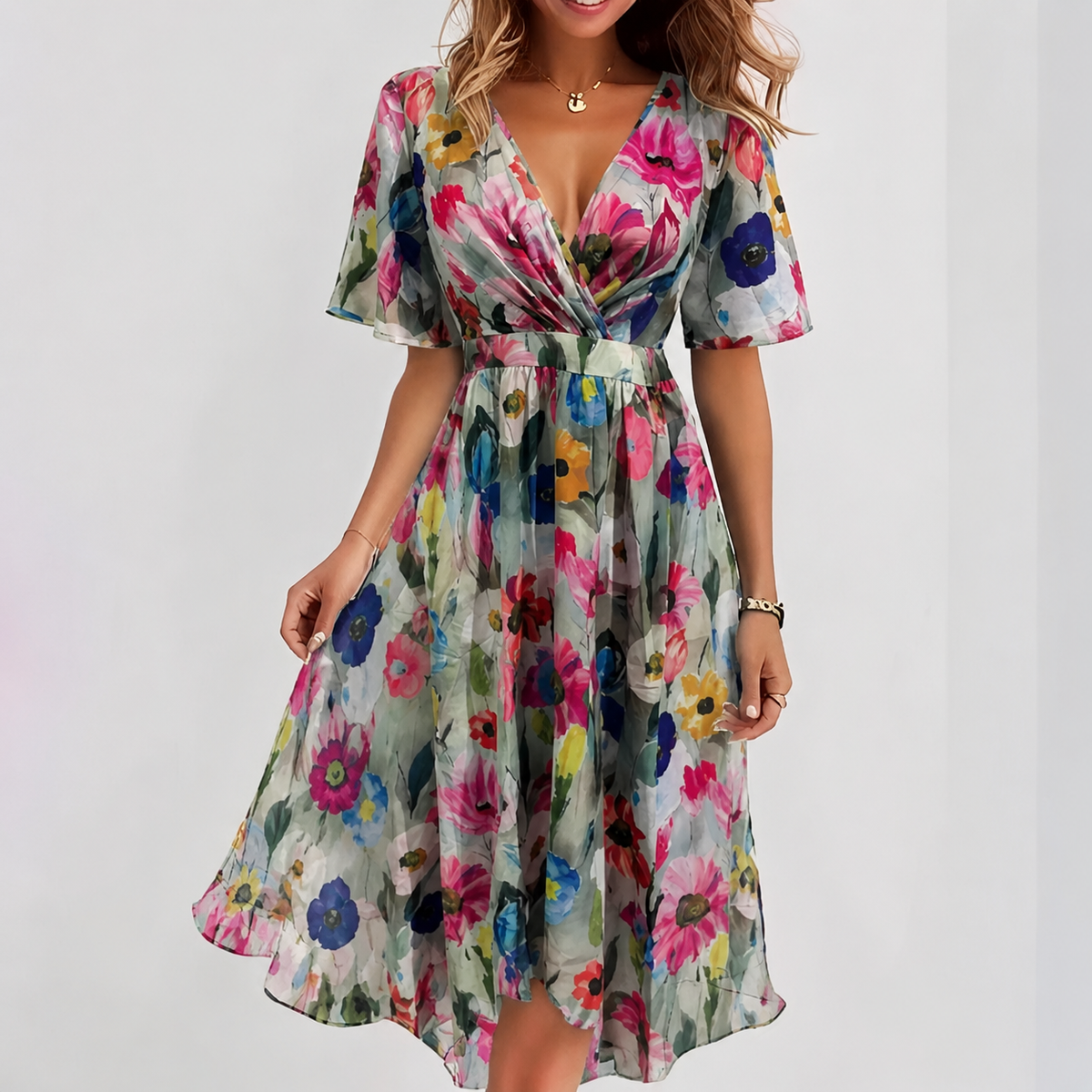 Women's Ditsy Floral V-Neck Fit and Flare Midi Dress