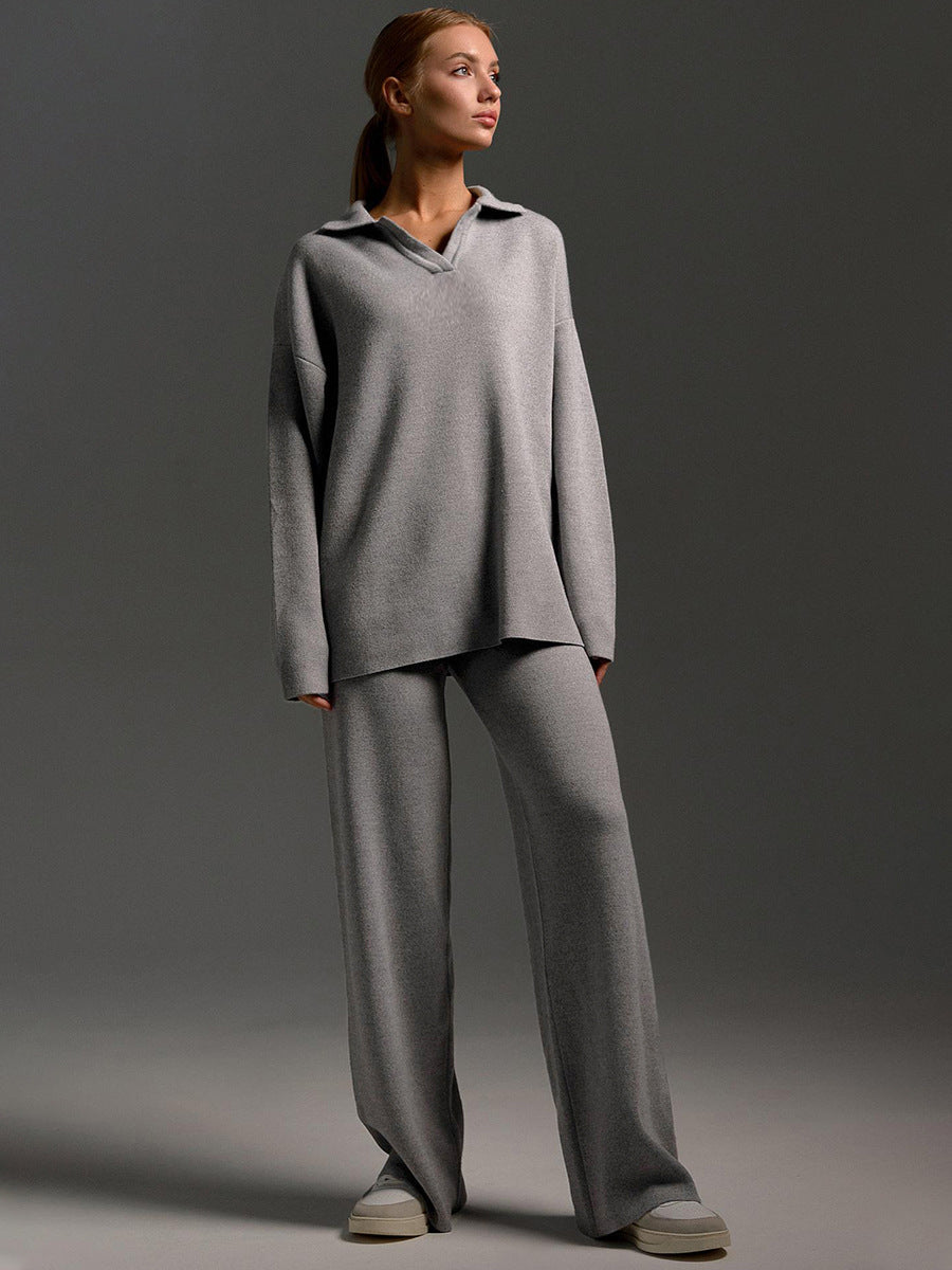 Women's Oversized Knit Set with Polo Collar