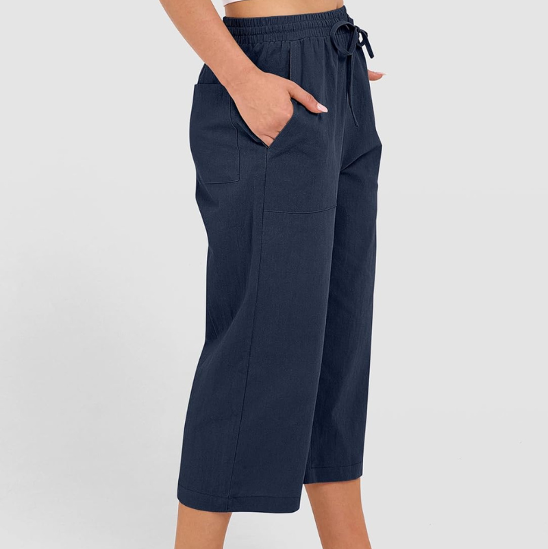 Wide Leg Cropped Linen Trousers with Drawstring Waist