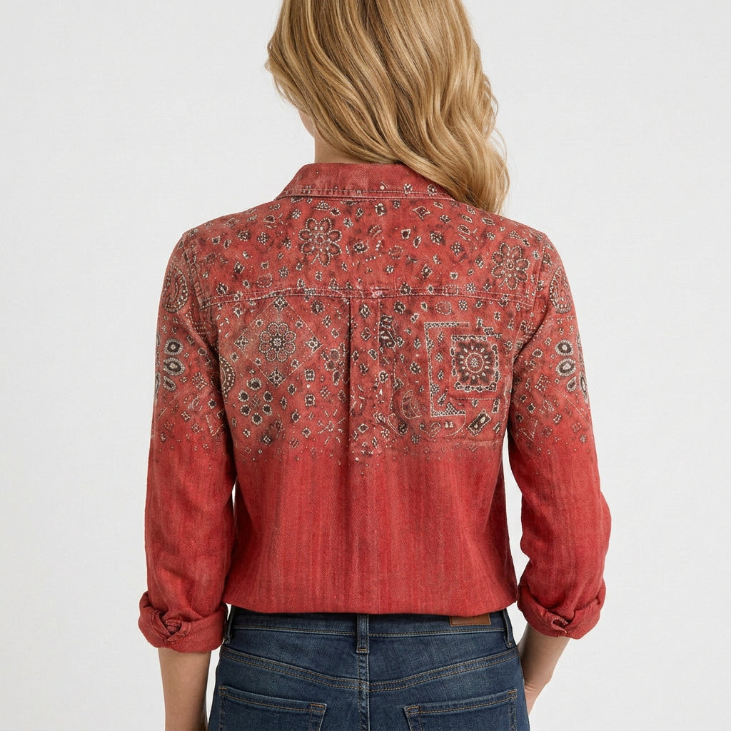 Women’s Printed Button Up Shirt – Collared Long Sleeve Pocket Style