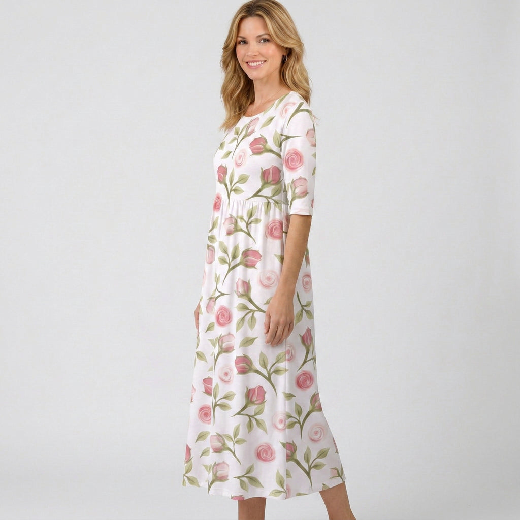 Women’s Floral Print Midi Dress – Short Sleeve Smock Style