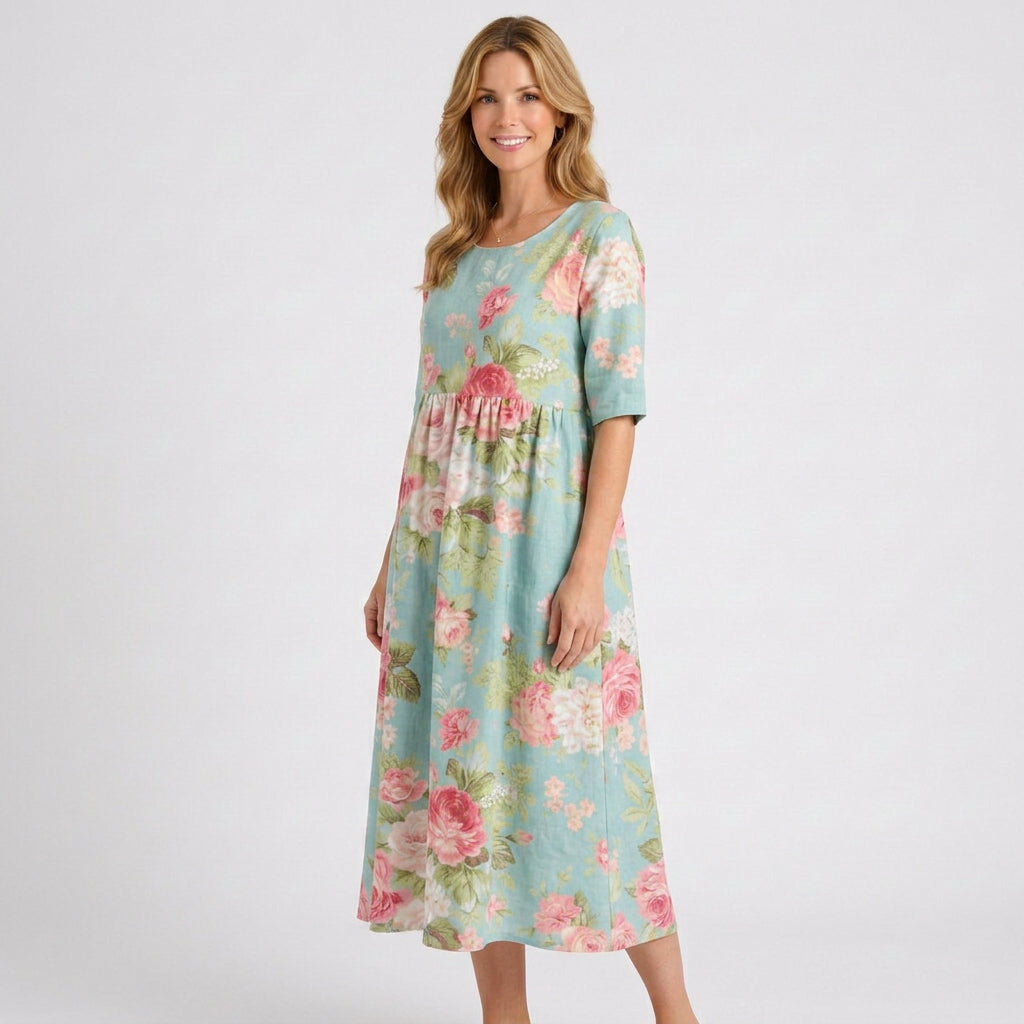 Women’s Floral Print Midi Dress – Short Sleeve Smock Style