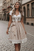 Robe midi dirndl pour femme, corset à lacets et broderies