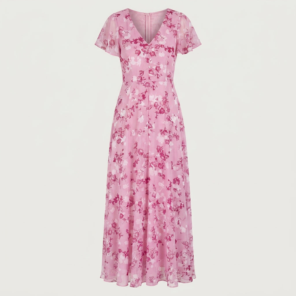 Women’s Floral Maxi Dress – V Neck Flutter Sleeve Long Dress