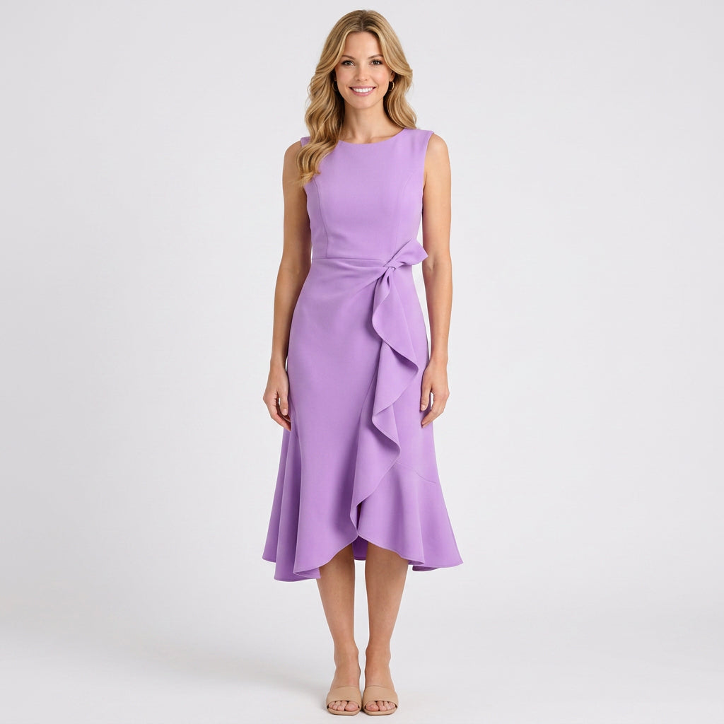 Sleeveless Midi Dress – Tie Waist Flared Hem Style