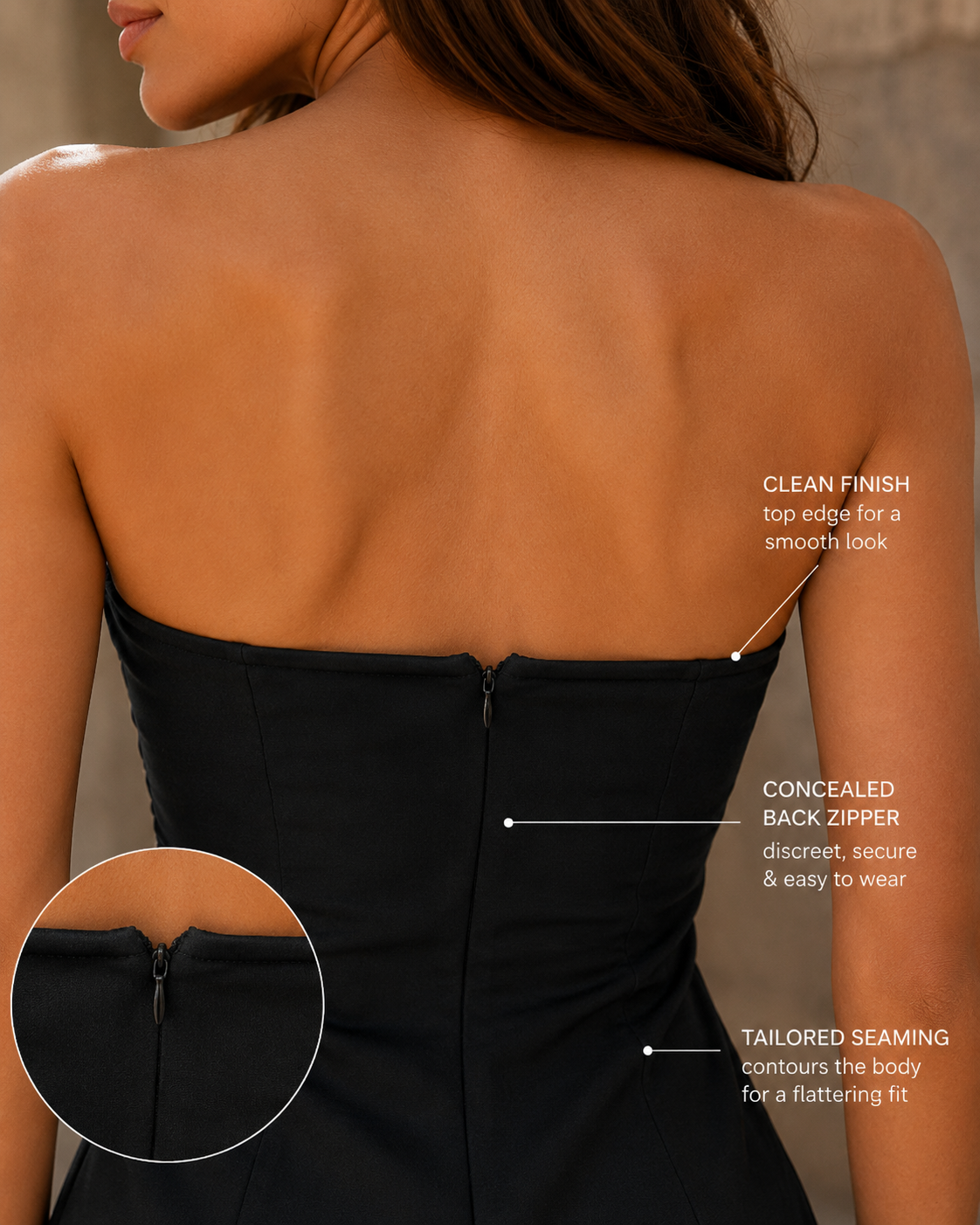 Robe courte structurée pour femme, coupe évasée et bustier découpé.