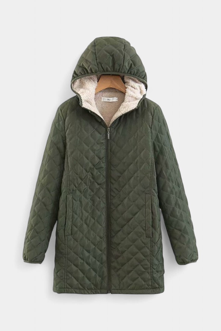 Women’s Diamond Quilted Plush Lined Hooded Zip Coat