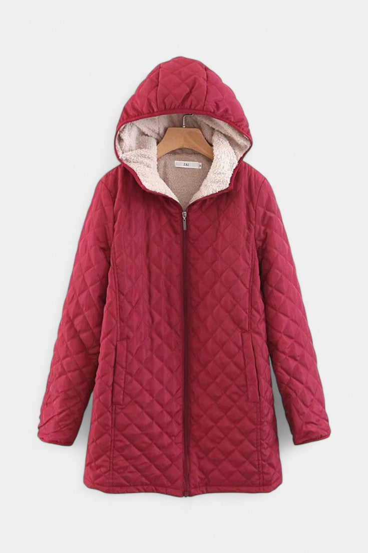 Women’s Diamond Quilted Plush Lined Hooded Zip Coat