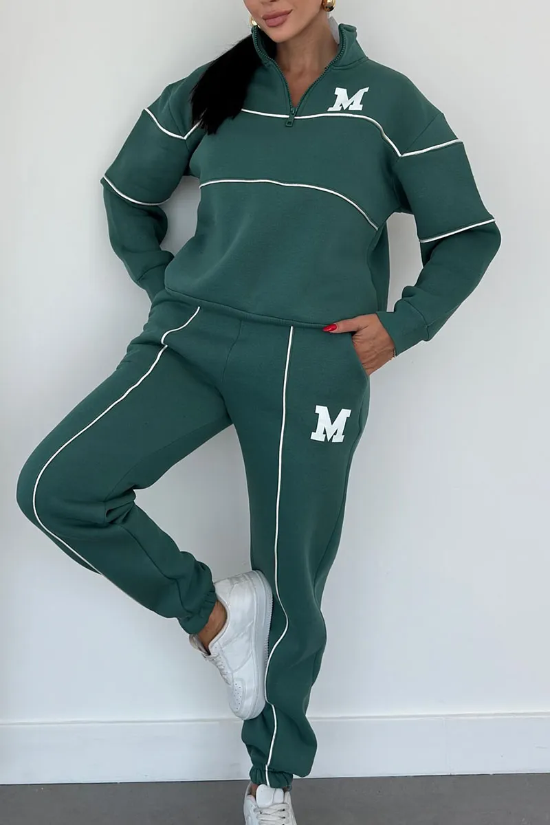 Half-Zip Contrast Piping Sweatshirt and Jogger Set