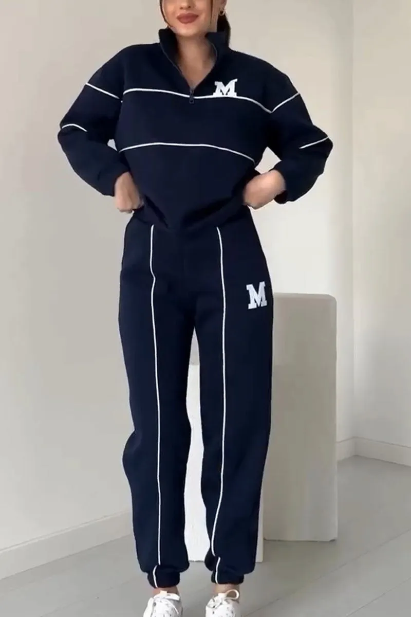 Half-Zip Contrast Piping Sweatshirt and Jogger Set