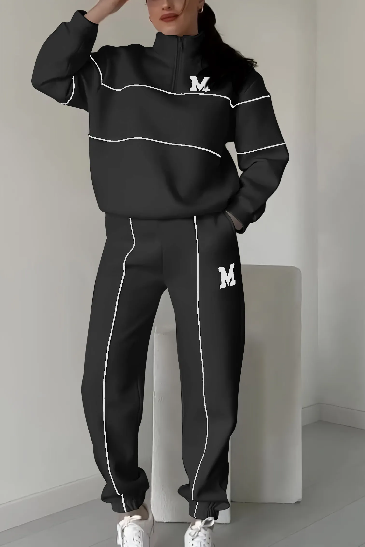 Half-Zip Contrast Piping Sweatshirt and Jogger Set