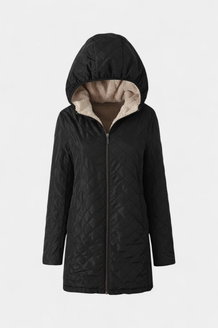 Women’s Diamond Quilted Plush Lined Hooded Zip Coat