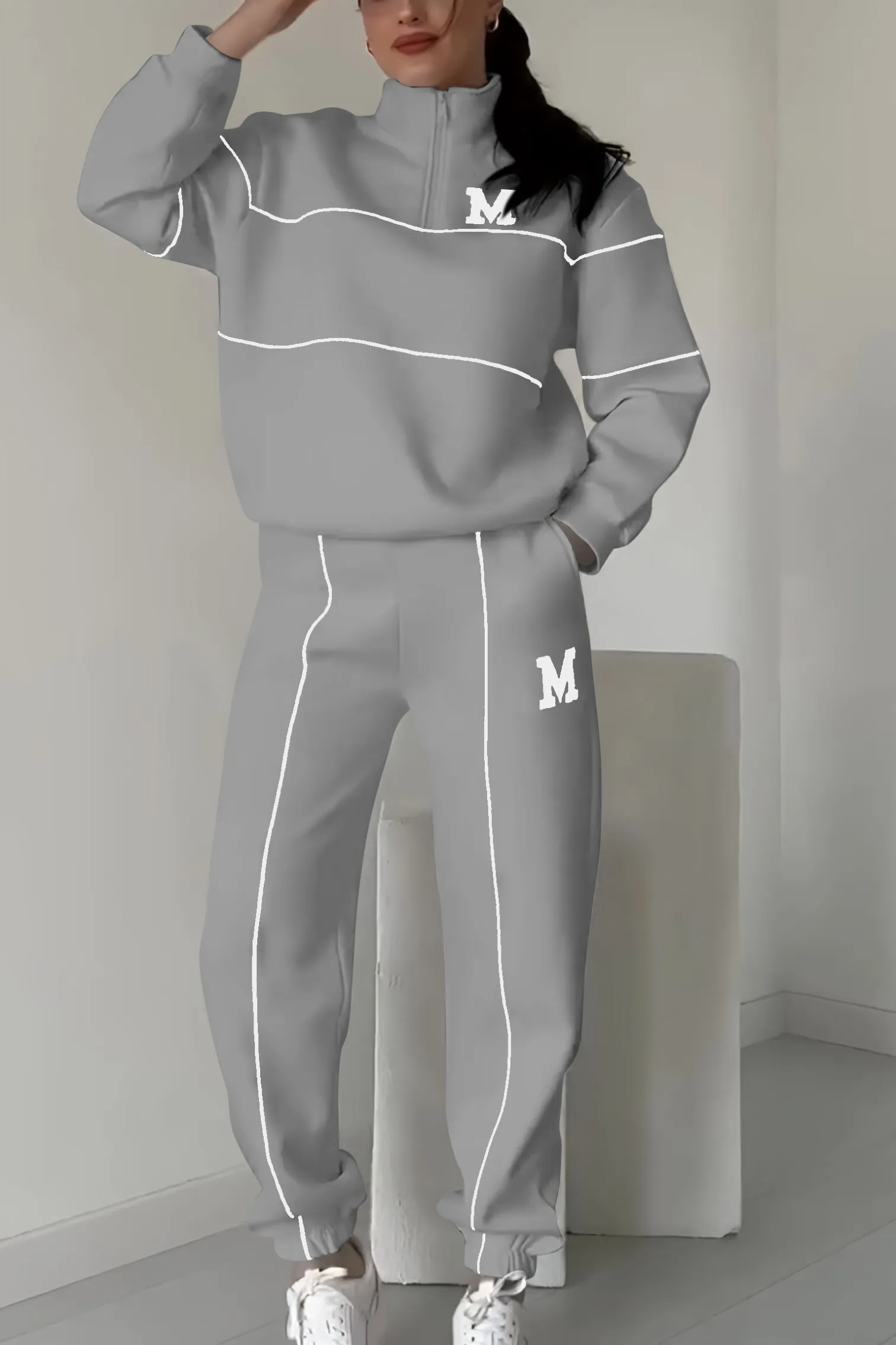 Half-Zip Contrast Piping Sweatshirt and Jogger Set