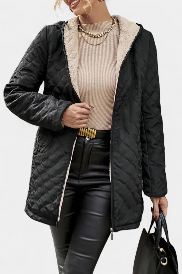 Women’s Diamond Quilted Plush Lined Hooded Zip Coat