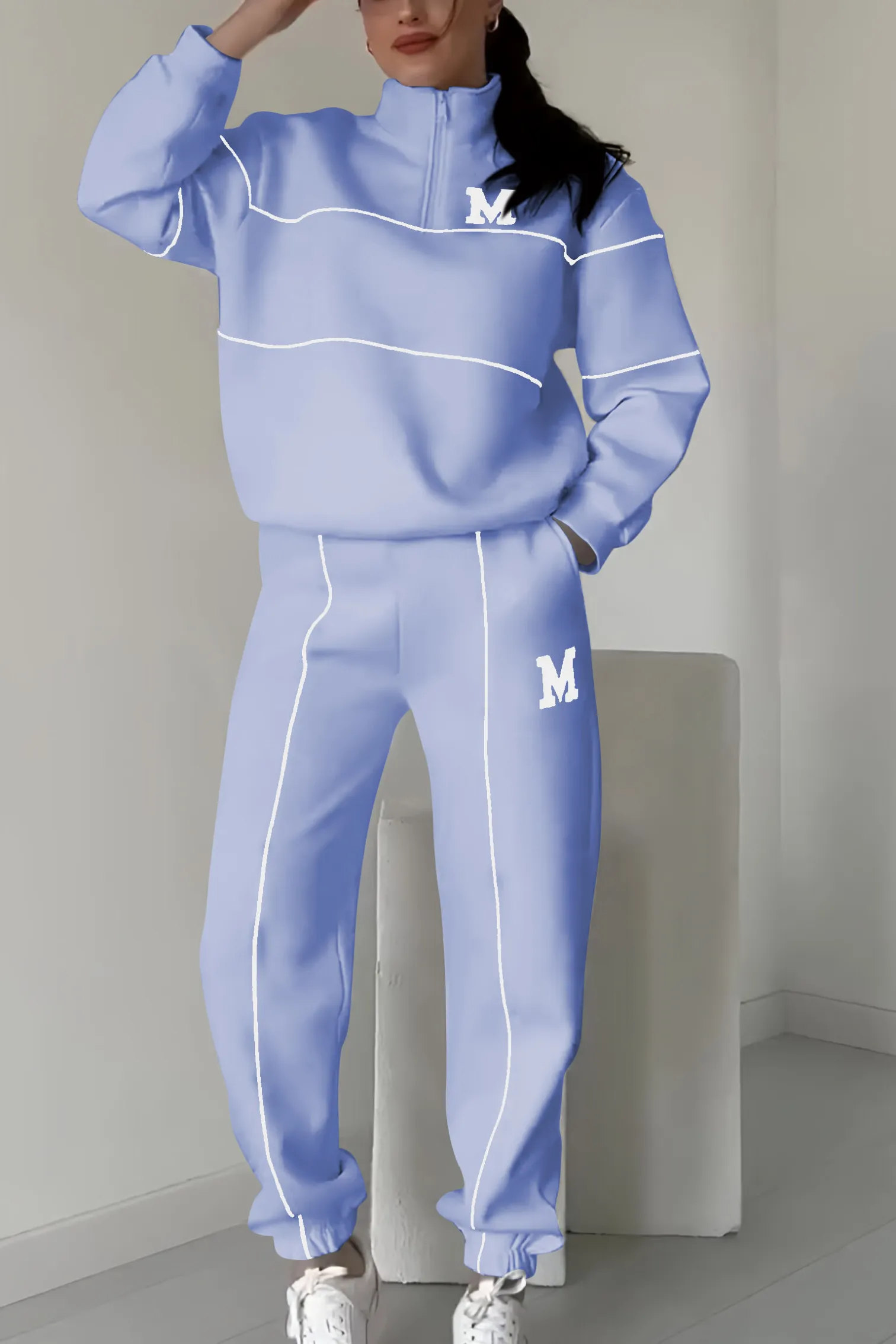 Half-Zip Contrast Piping Sweatshirt and Jogger Set