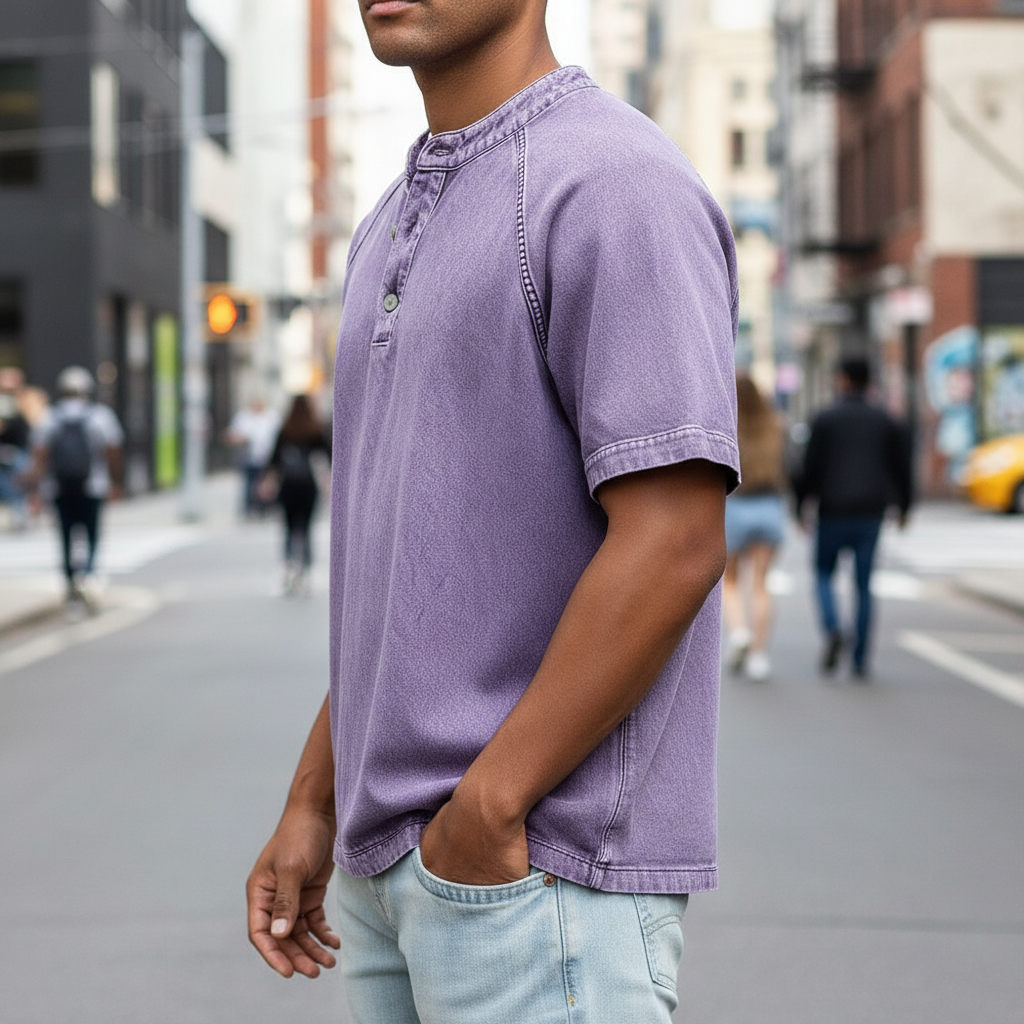 Oversized Washed Henley T-Shirt with Raglan Sleeves