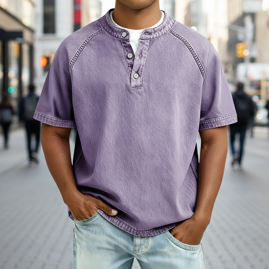 Oversized Washed Henley T-Shirt with Raglan Sleeves