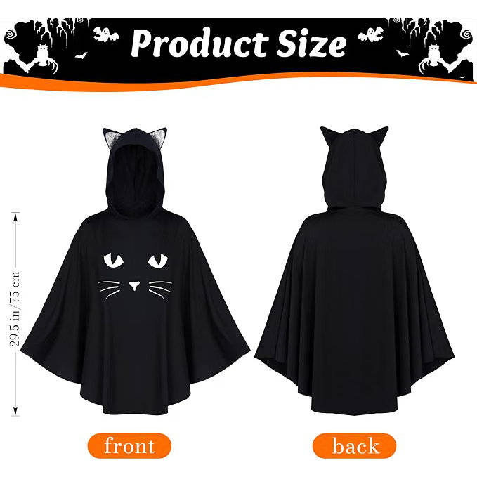 Poncho-cape d'Halloween à capuche pour femme avec visage de chat