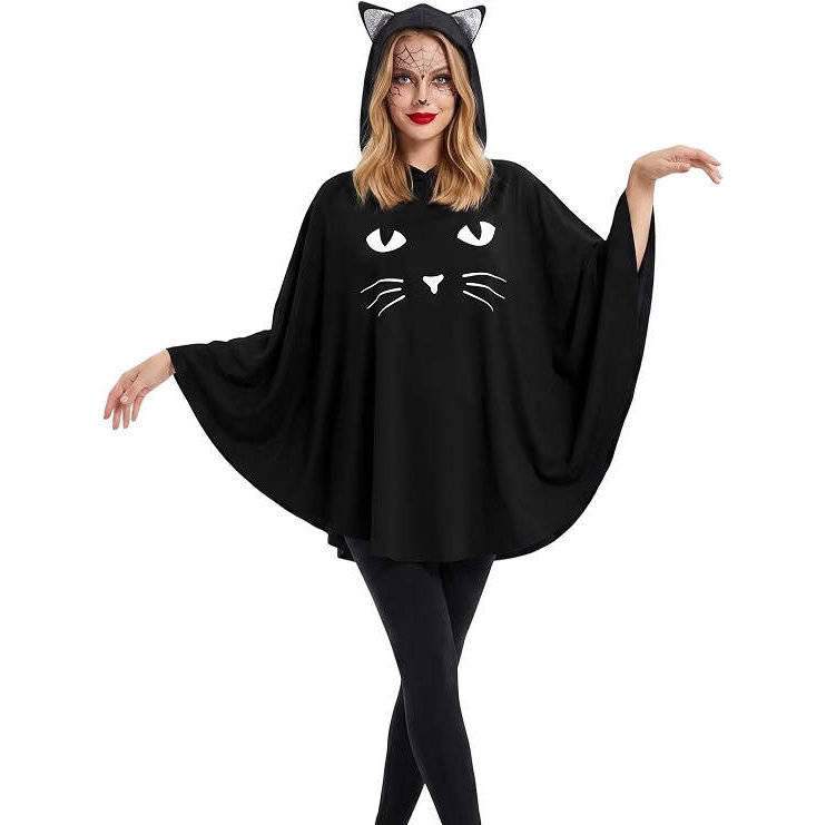 Poncho-cape d'Halloween à capuche pour femme avec visage de chat