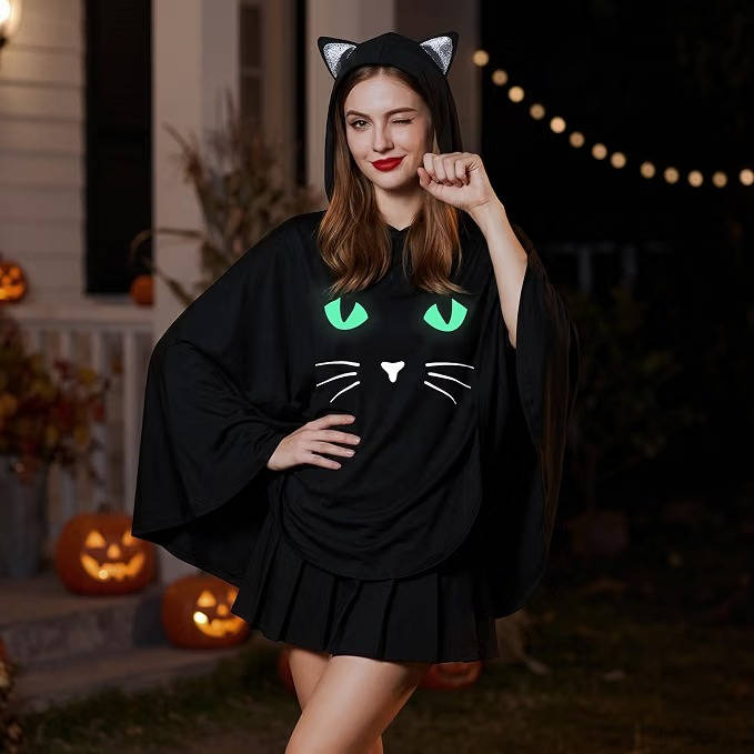 Poncho-cape d'Halloween à capuche pour femme avec visage de chat