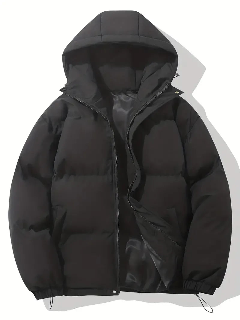 Women's hooded quilted puffer jacket with long sleeves and front zipper