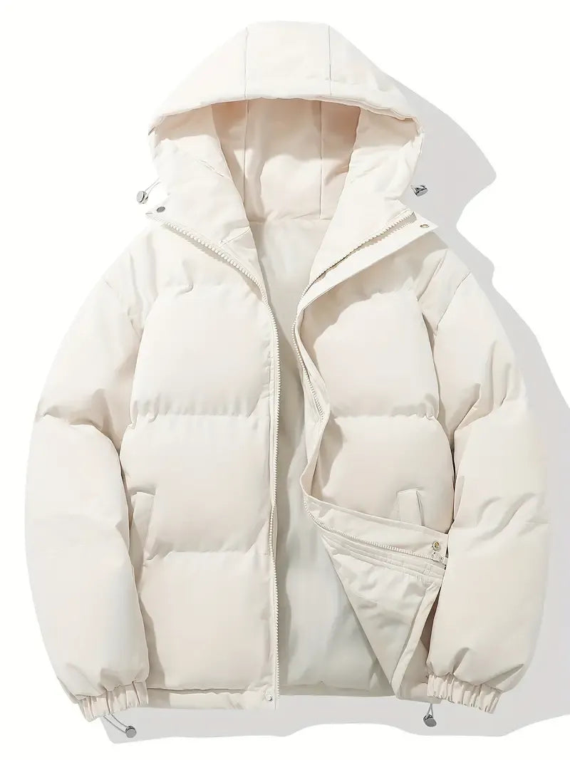 Women's hooded quilted puffer jacket with long sleeves and front zipper