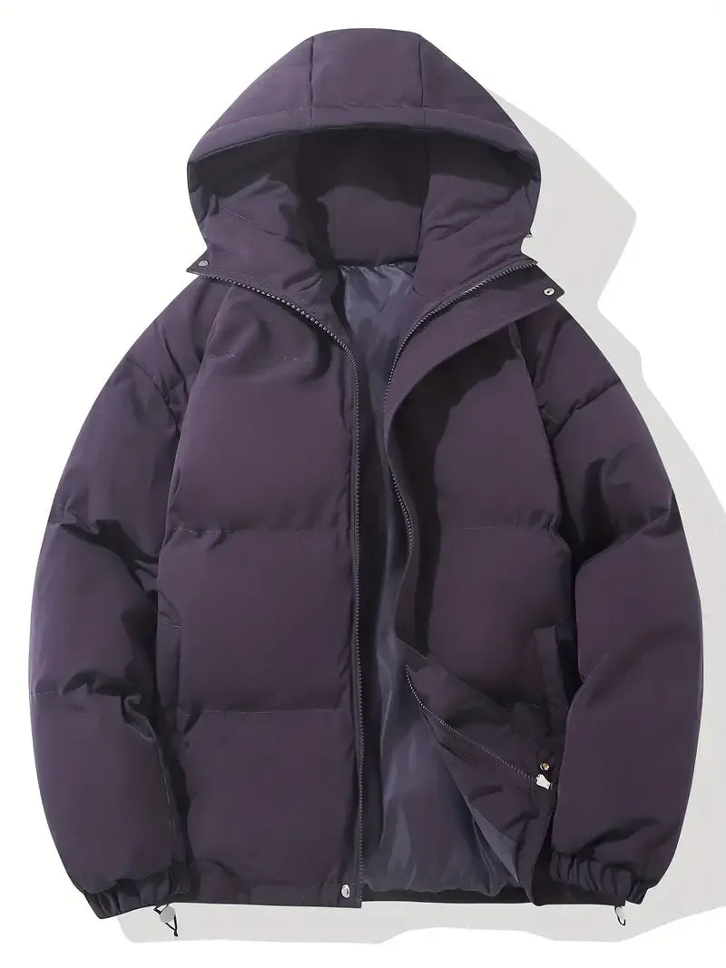 Women's hooded quilted puffer jacket with long sleeves and front zipper