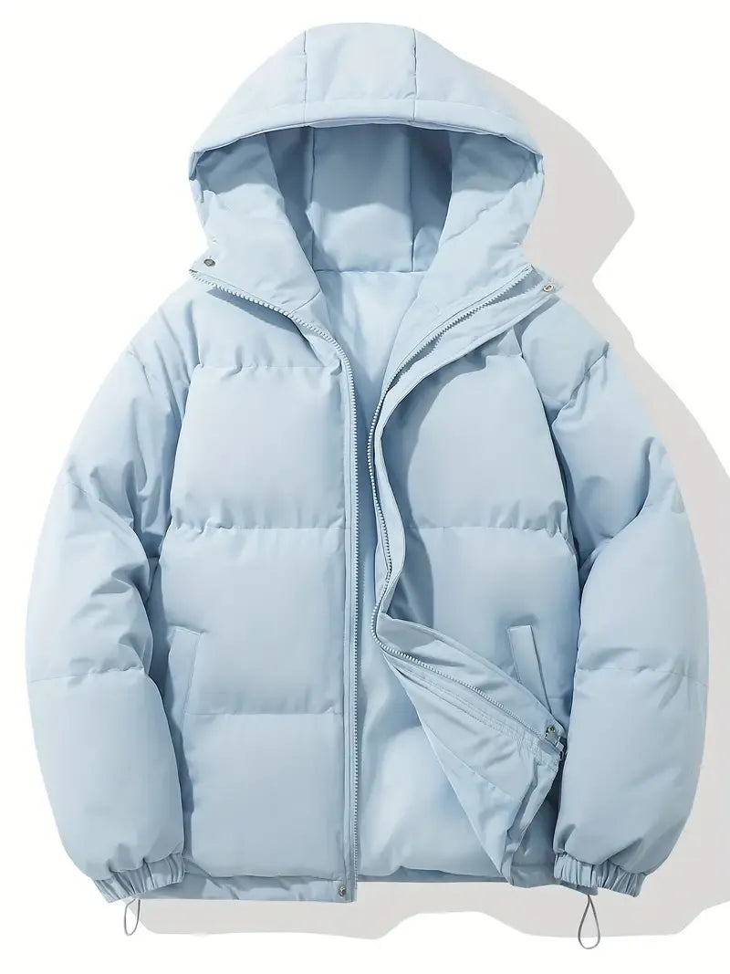 Women's hooded quilted puffer jacket with long sleeves and front zipper