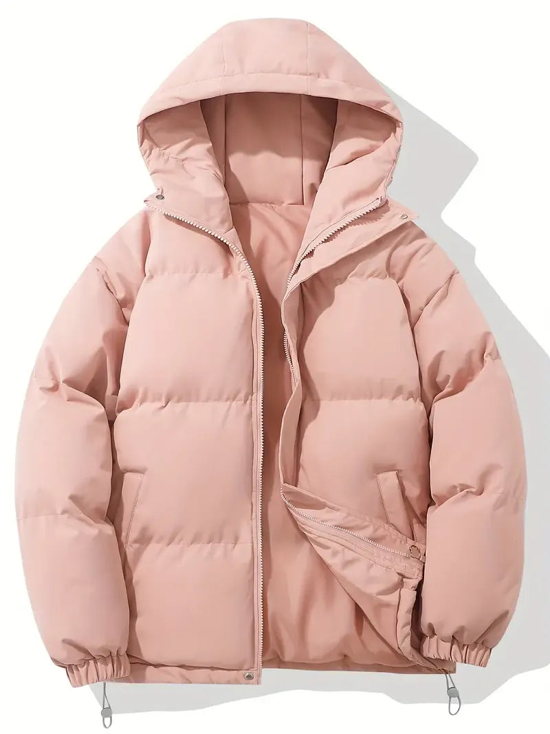 Women's hooded quilted puffer jacket with long sleeves and front zipper