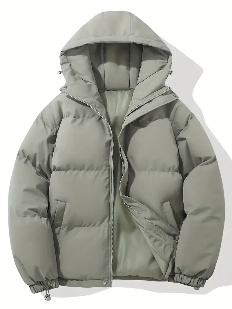 Women's hooded quilted puffer jacket with long sleeves and front zipper