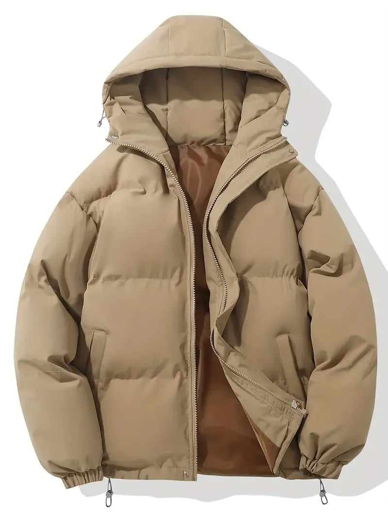 Women's hooded quilted puffer jacket with long sleeves and front zipper