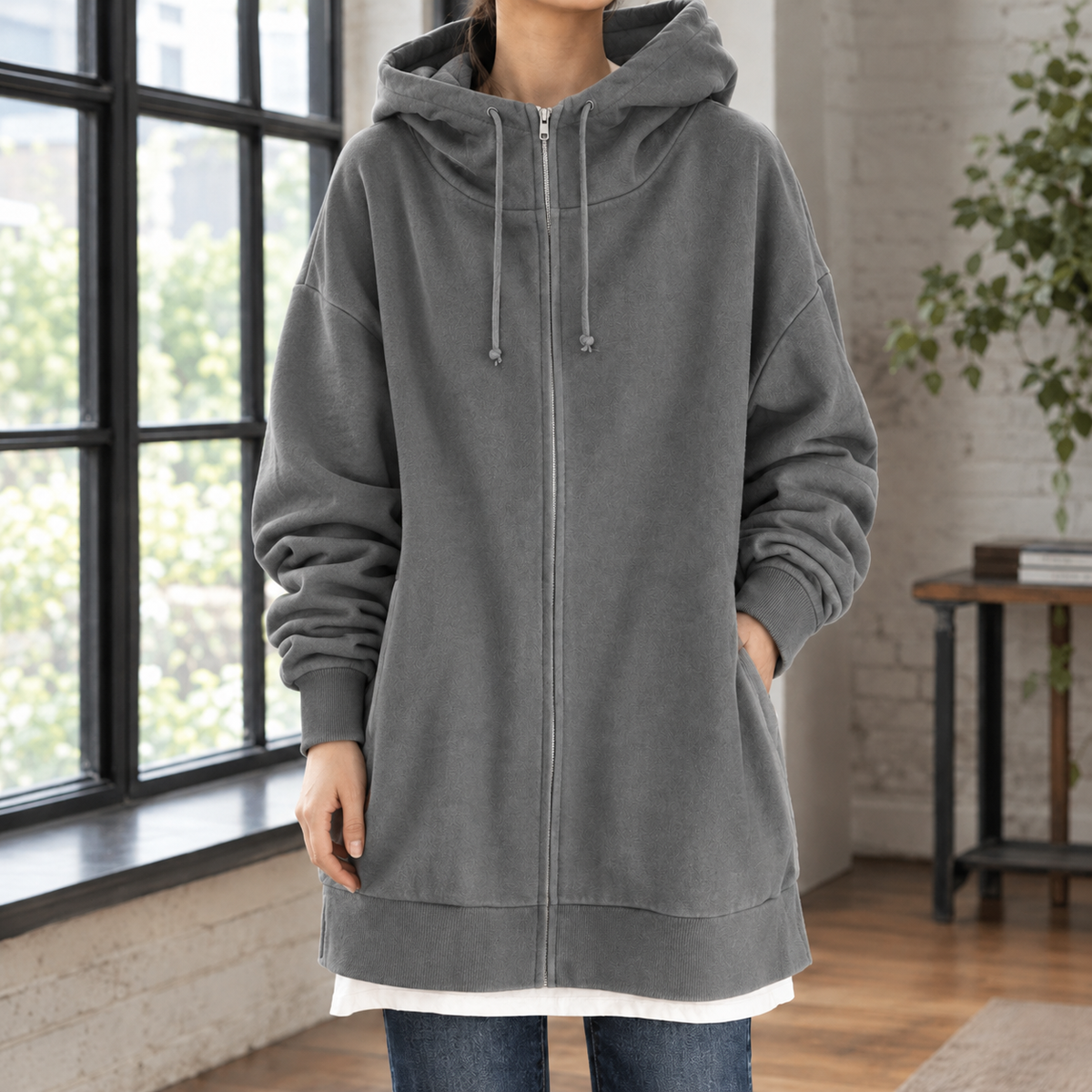 Women's Oversized Longline Zip-Up Hoodie