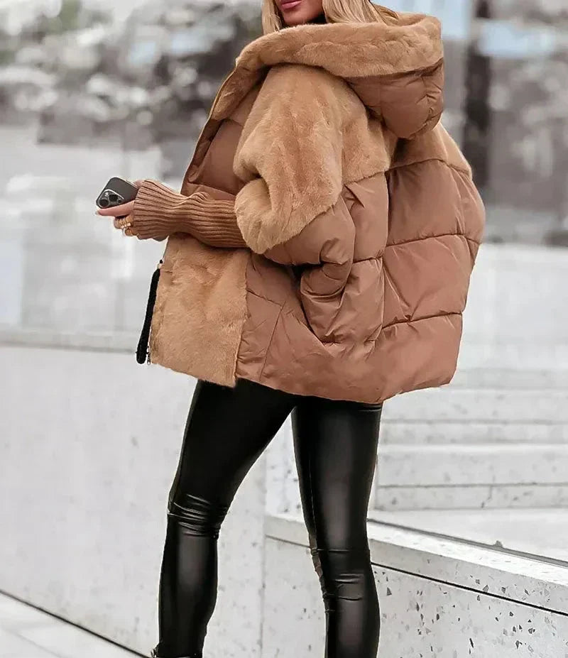 Women's Oversized Faux Fur Patchwork Hooded Puffer Jacket