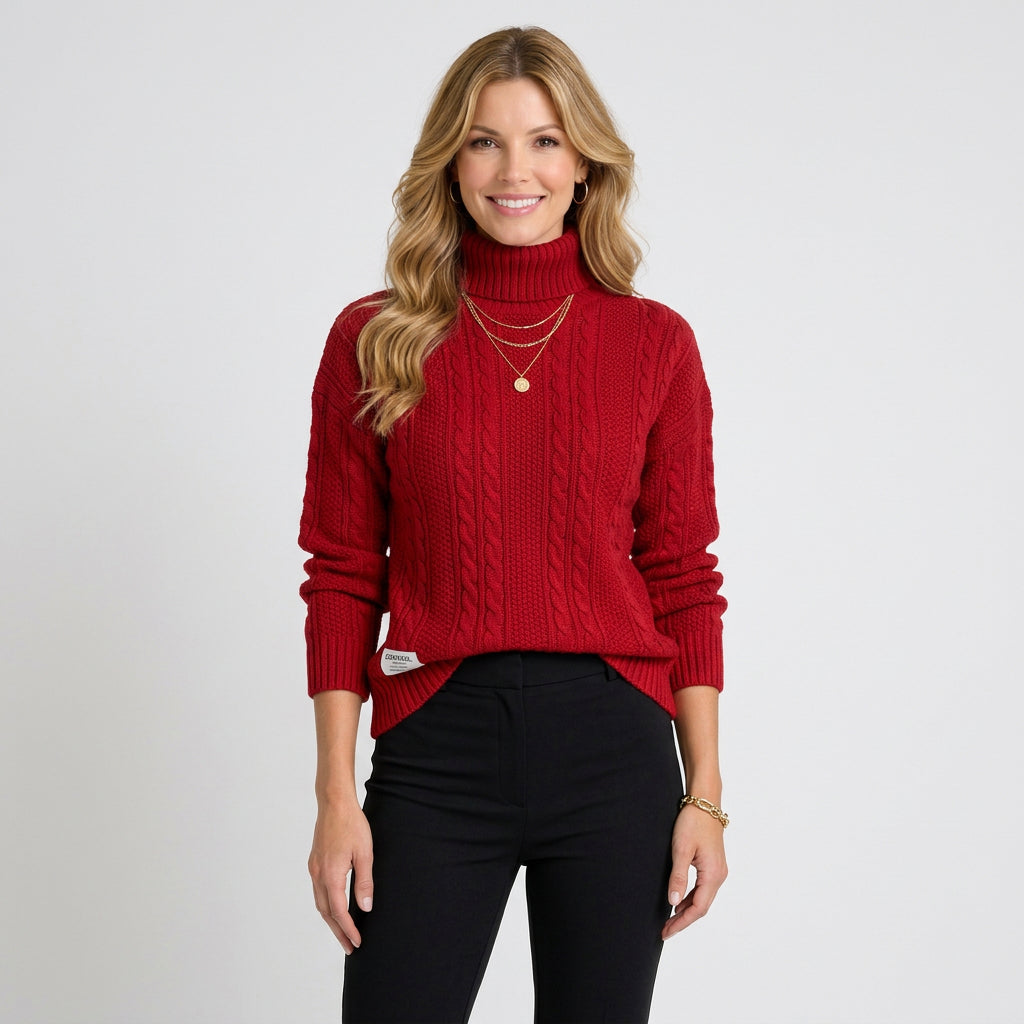 Women’s Cable Knit Turtleneck Sweater – Chunky Ribbed Hem Pullover