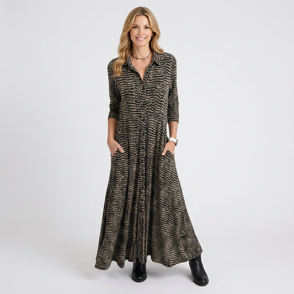 Women’s Printed Maxi Shirt Dress – Collared Button Front Pocket Style