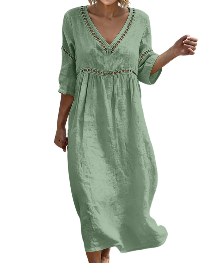 Linen Midi Dress with Hollow Out Trim and Flared Sleeves