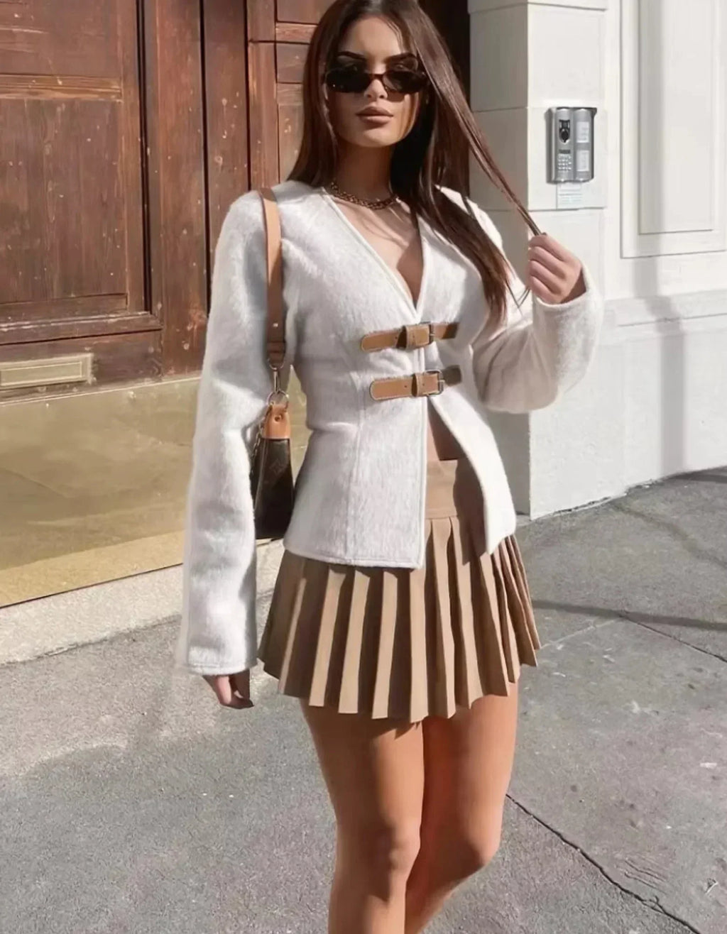 Women's Textured Knit Cardigan with Buckle Strap Detail