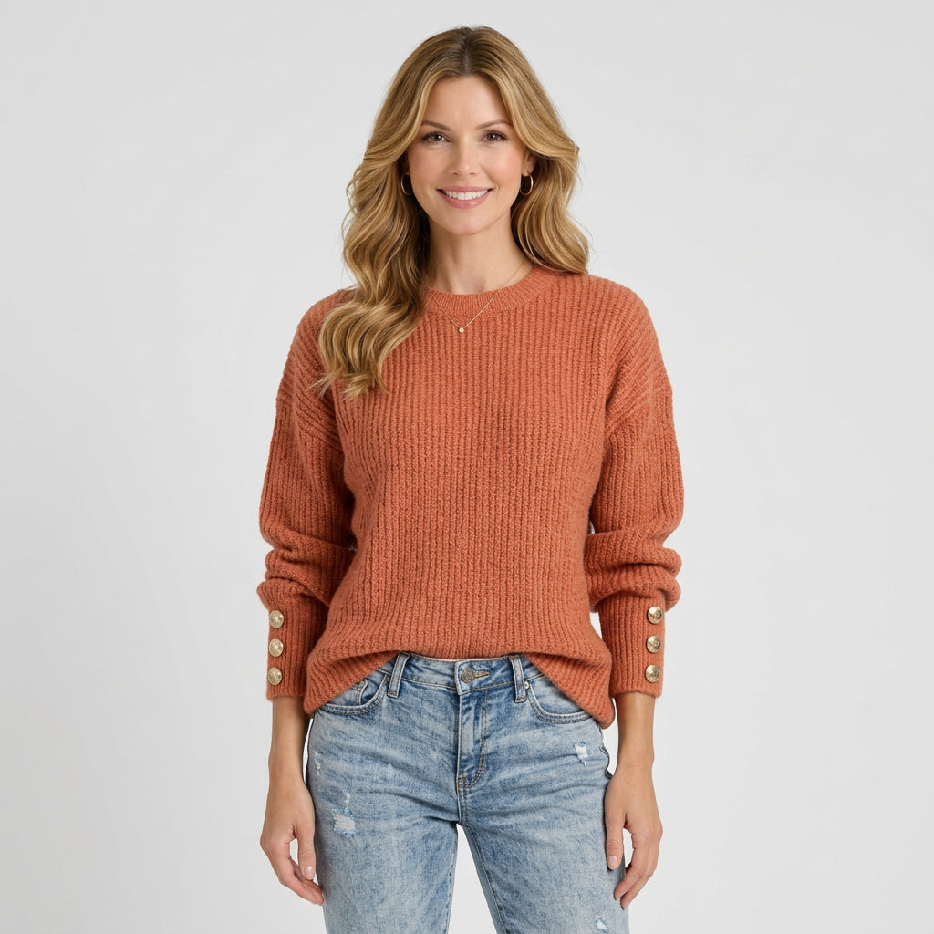Women’s Ribbed Knit Sweater – Crew Neck Button Cuff Pullover