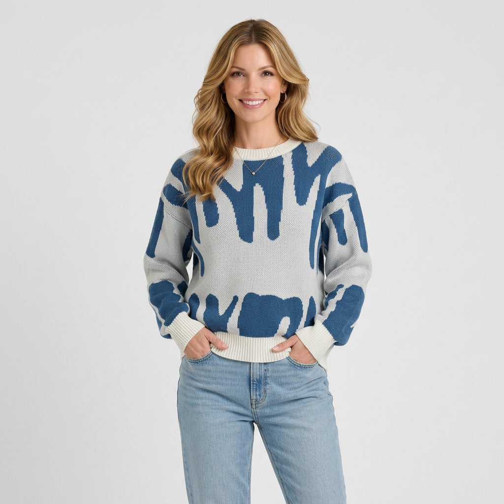 Women’s Patterned Knit Sweater – Crew Neck Long Sleeve Pullover