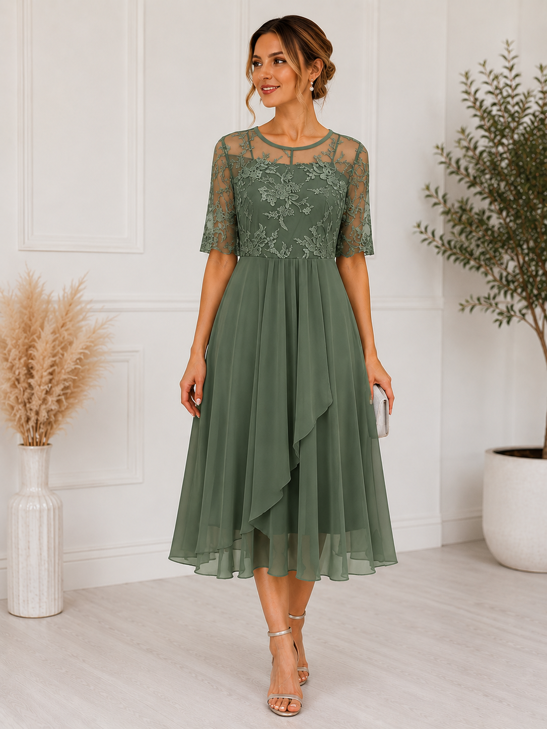 Robe midi à corsage en dentelle et jupe superposée en mousseline