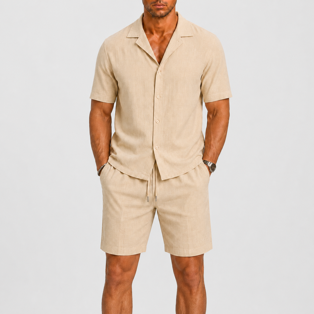 Textured Camp Collar Shirt and Shorts Two Piece Set
