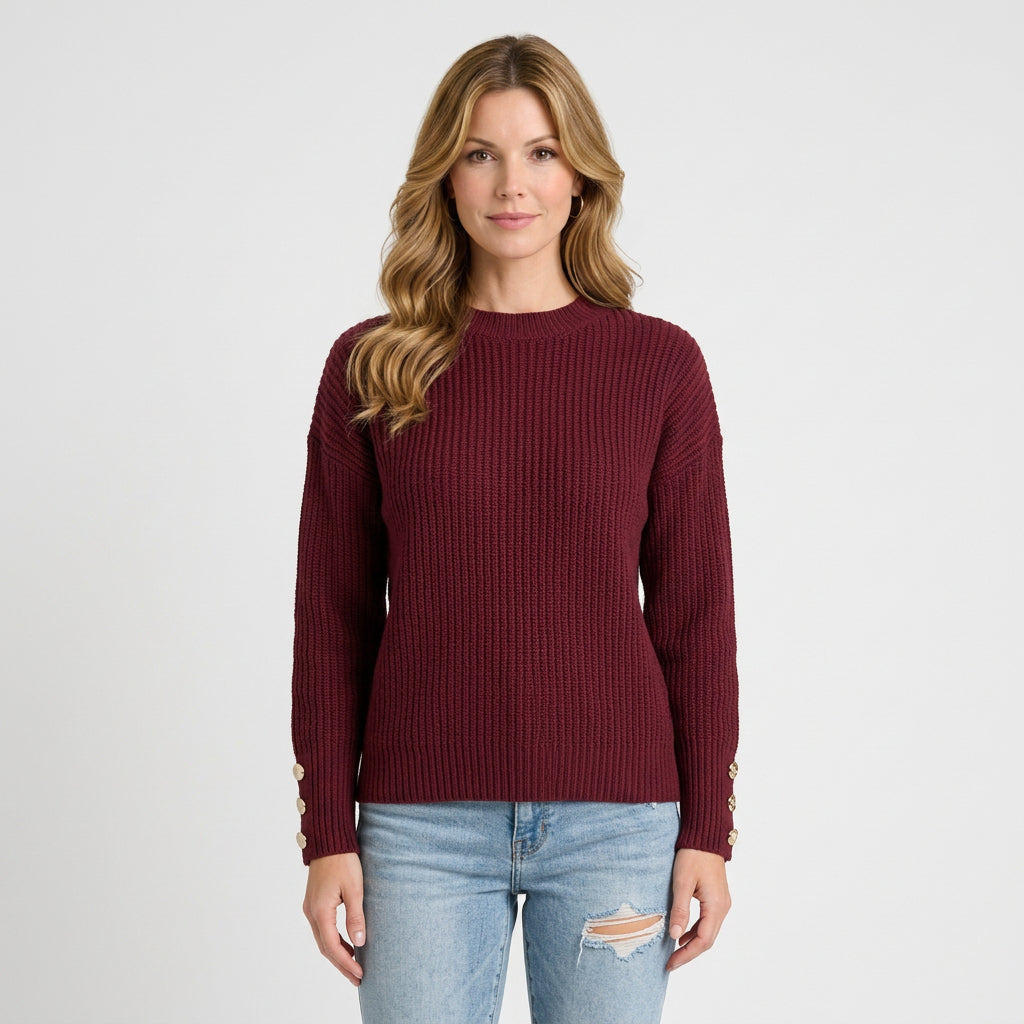 Women’s Ribbed Knit Sweater – Crew Neck Button Cuff Pullover
