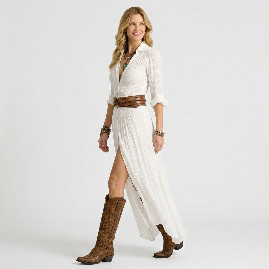 Women’s Tailored Bohemian Maxi Dress – Button Front Flowing Silhouette