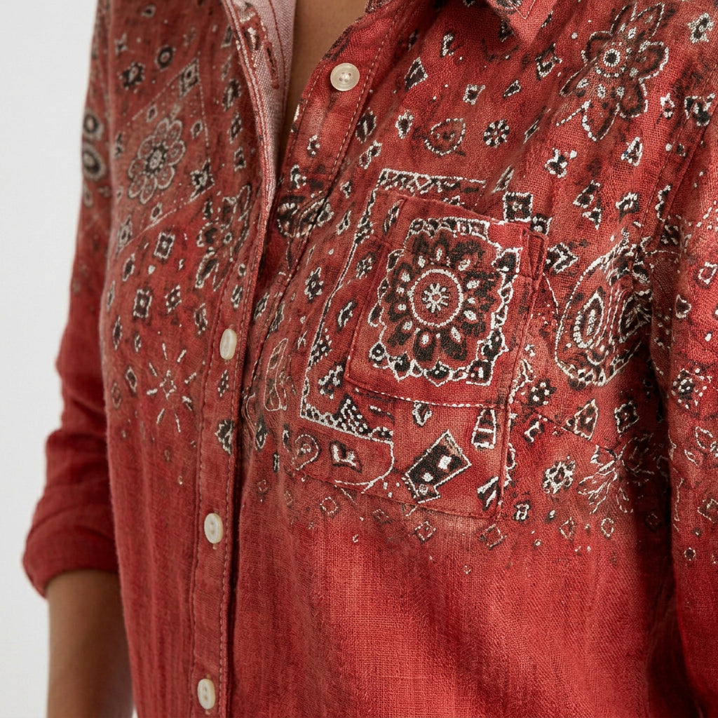 Women’s Printed Button Up Shirt – Collared Long Sleeve Pocket Style