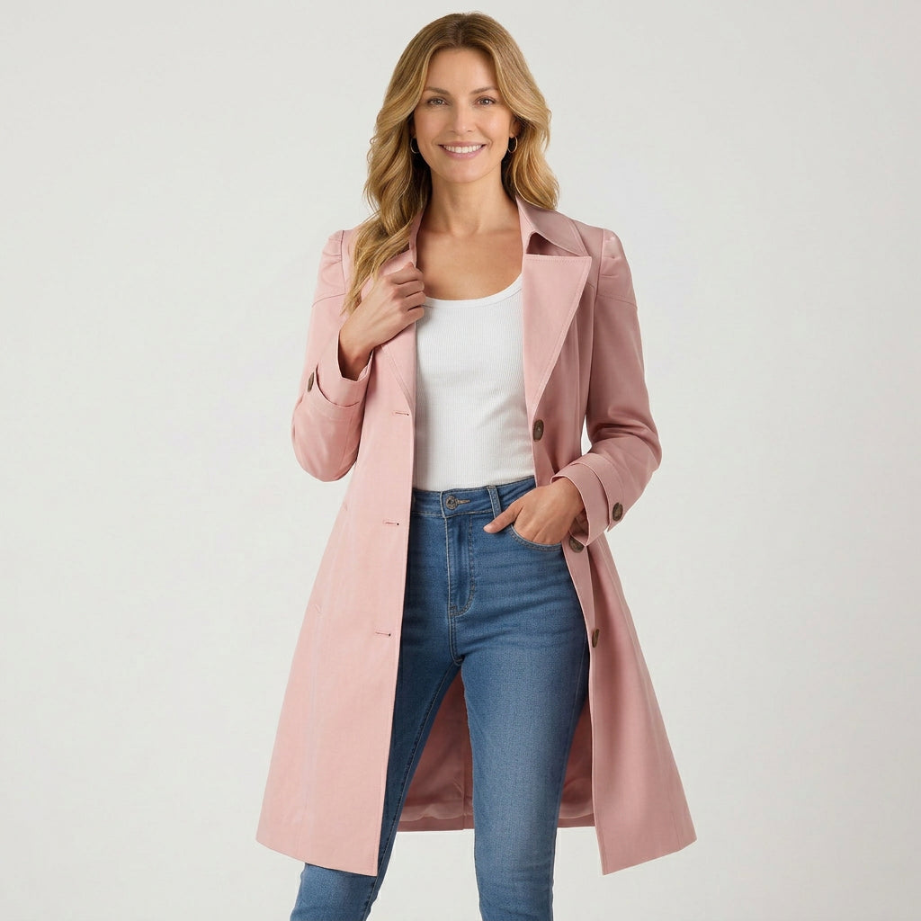 Women’s Single Breasted Trench Coat – Notched Collar Longline Style