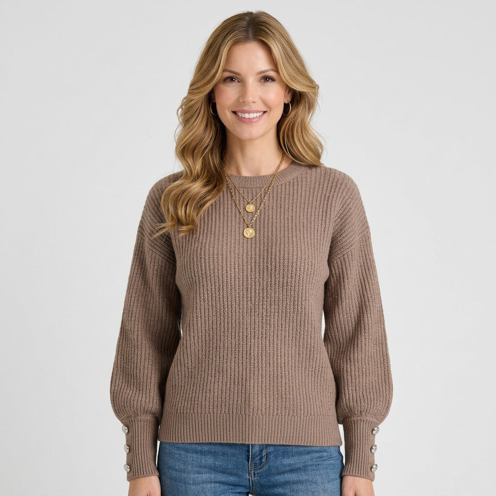 Women’s Ribbed Knit Sweater – Crew Neck Button Cuff Pullover