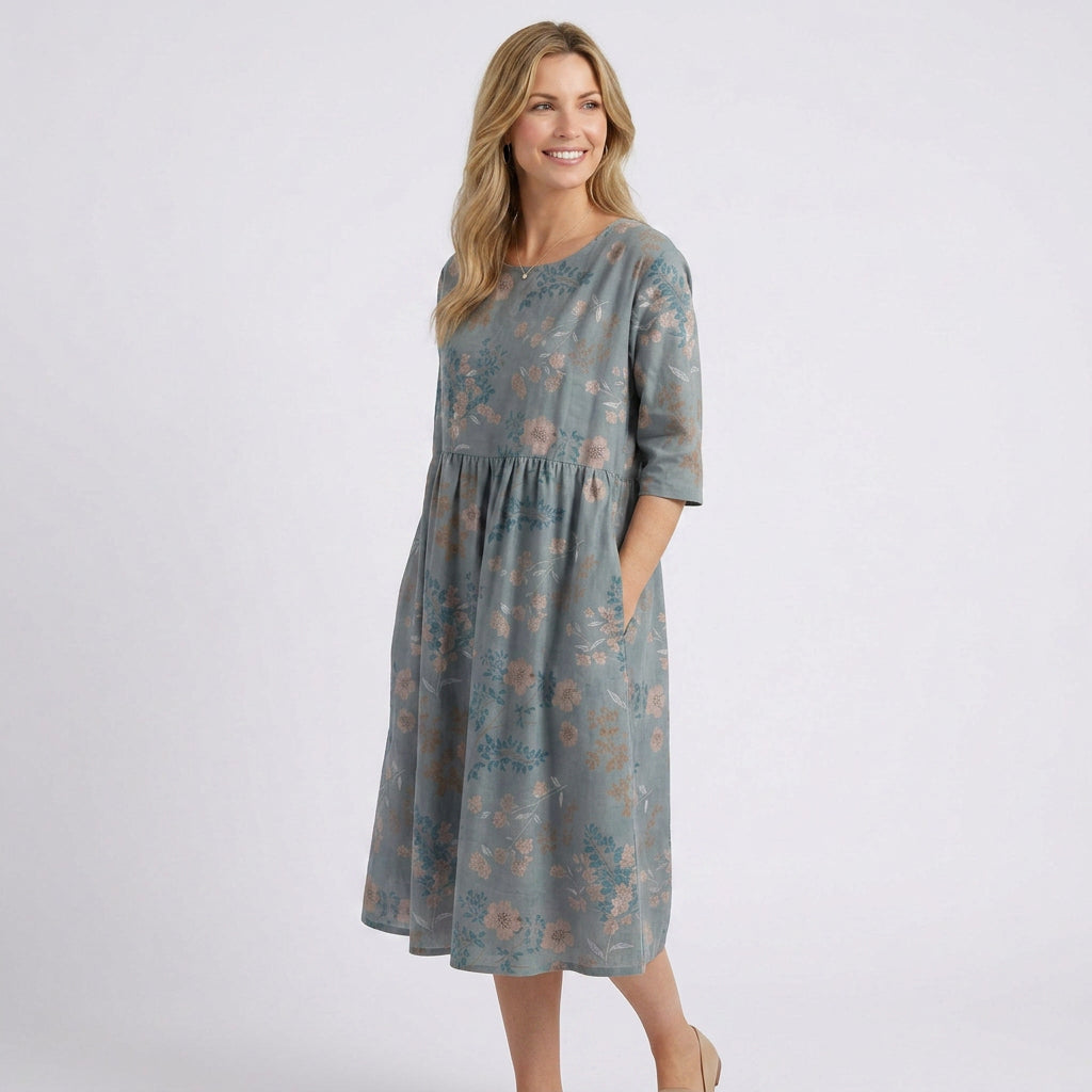 Women’s Floral Print Midi Dress – Short Sleeve Smock Style