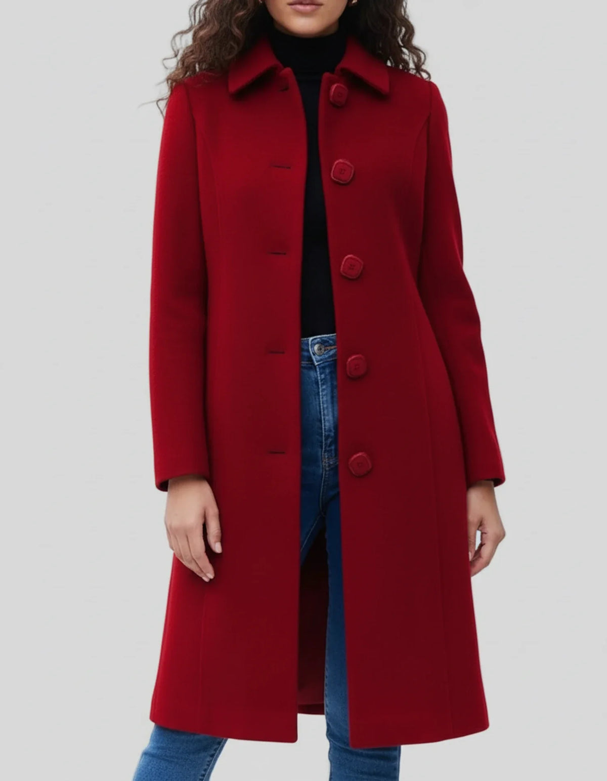 Women's long single-breasted coat with notched lapel and button front