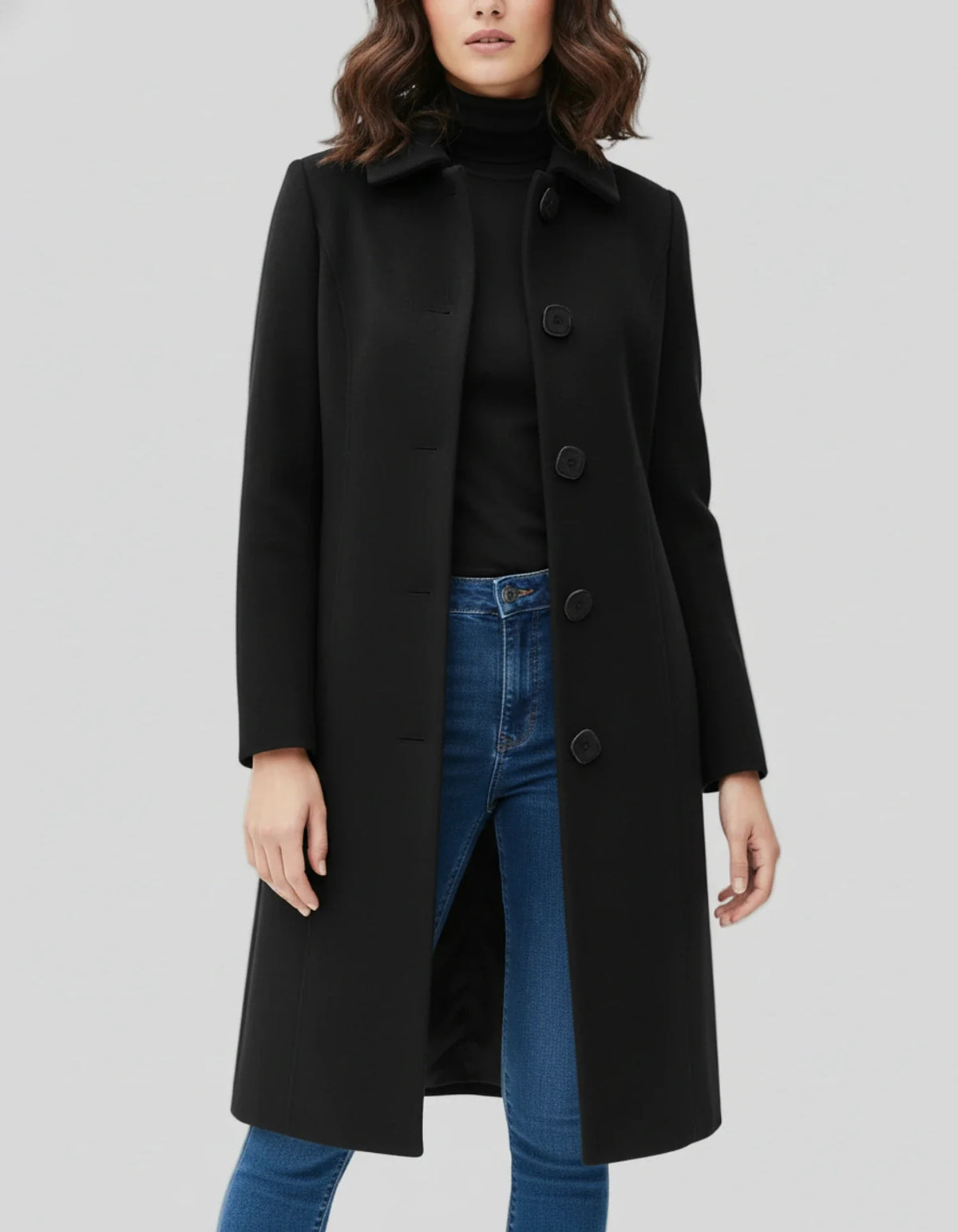 Women's long single-breasted coat with notched lapel and button front